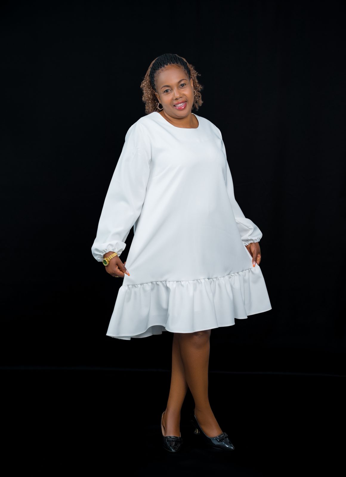 Graceful White Flared Dress with Ruffle Hem