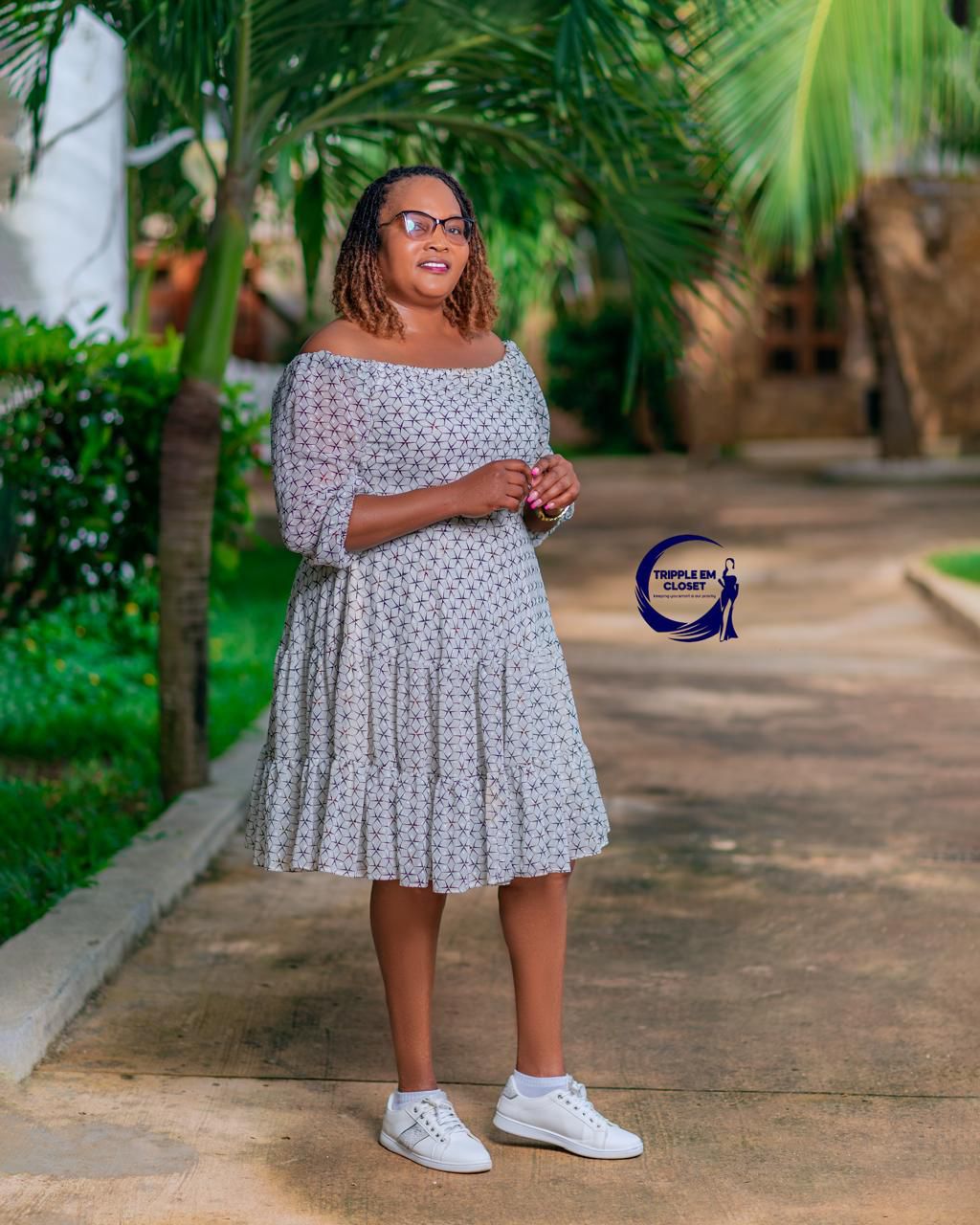 White & Black Off-Shoulder Short Dress with Flared Hem & Patterned Print