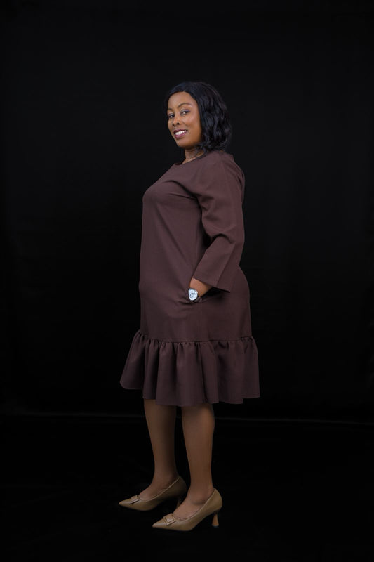 Elegant Brown Dress with Ruffle Hem & 3/4 Sleeves