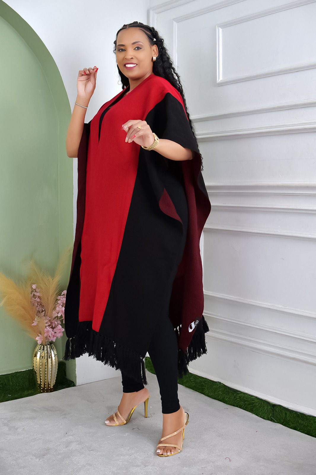 Red & Black Open-Front Poncho with Tassel Hem