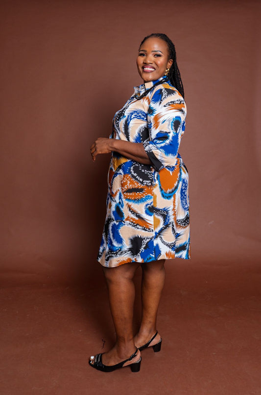 Stylish Multicolor Shirt Dress with Collared Neckline, Button-Down Front & Rolled-Up Sleeves