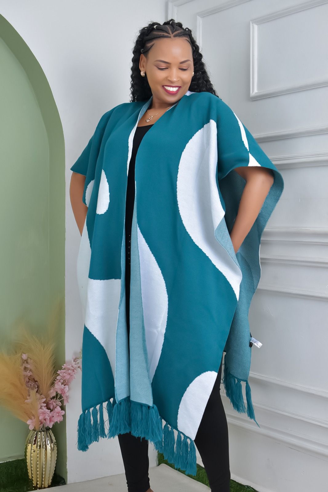 Teal & White Patterned Poncho with Tassel Hem