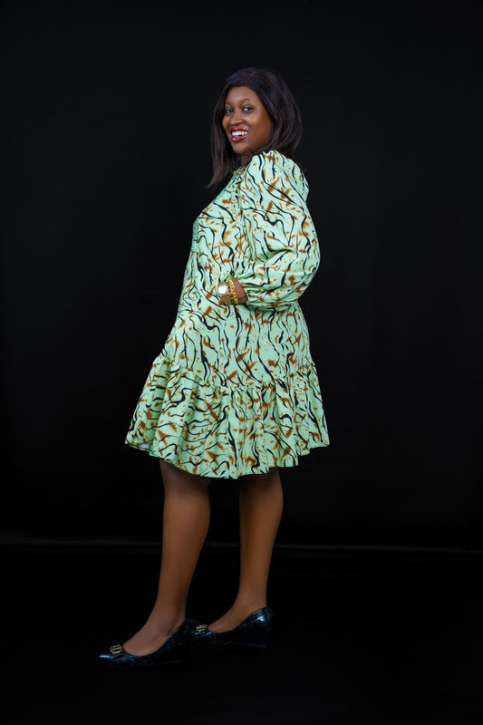 Green Ruffle Dress with Long Sleeves & Brown and Black Abstract Prints