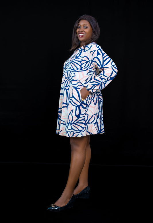 Peach Floral A-Line Dress with Long Sleeves & Navy Blue Print