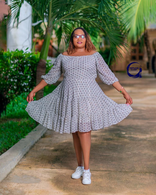 White & Black Off-Shoulder Short Dress with Flared Hem & Patterned Print