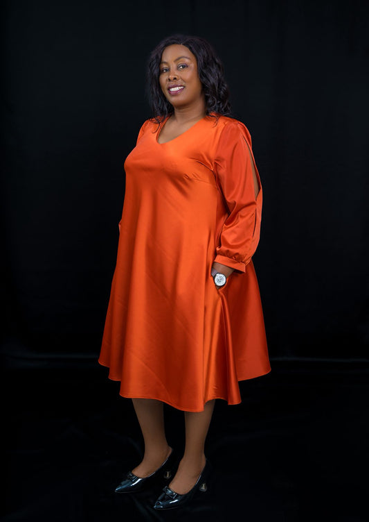 Bright Orange A-Line Dress with Long Puff Sleeves