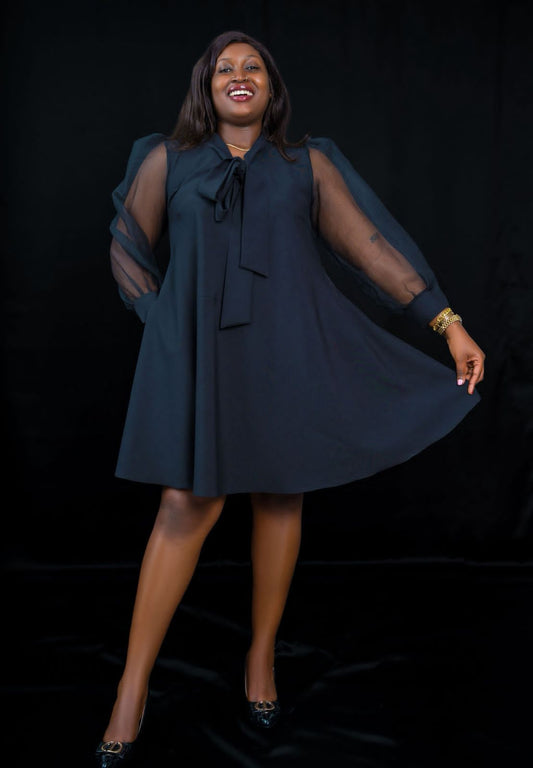 Elegant Black A-Line Dress with Bow-Tie Neckline & Sheer Puff Sleeves