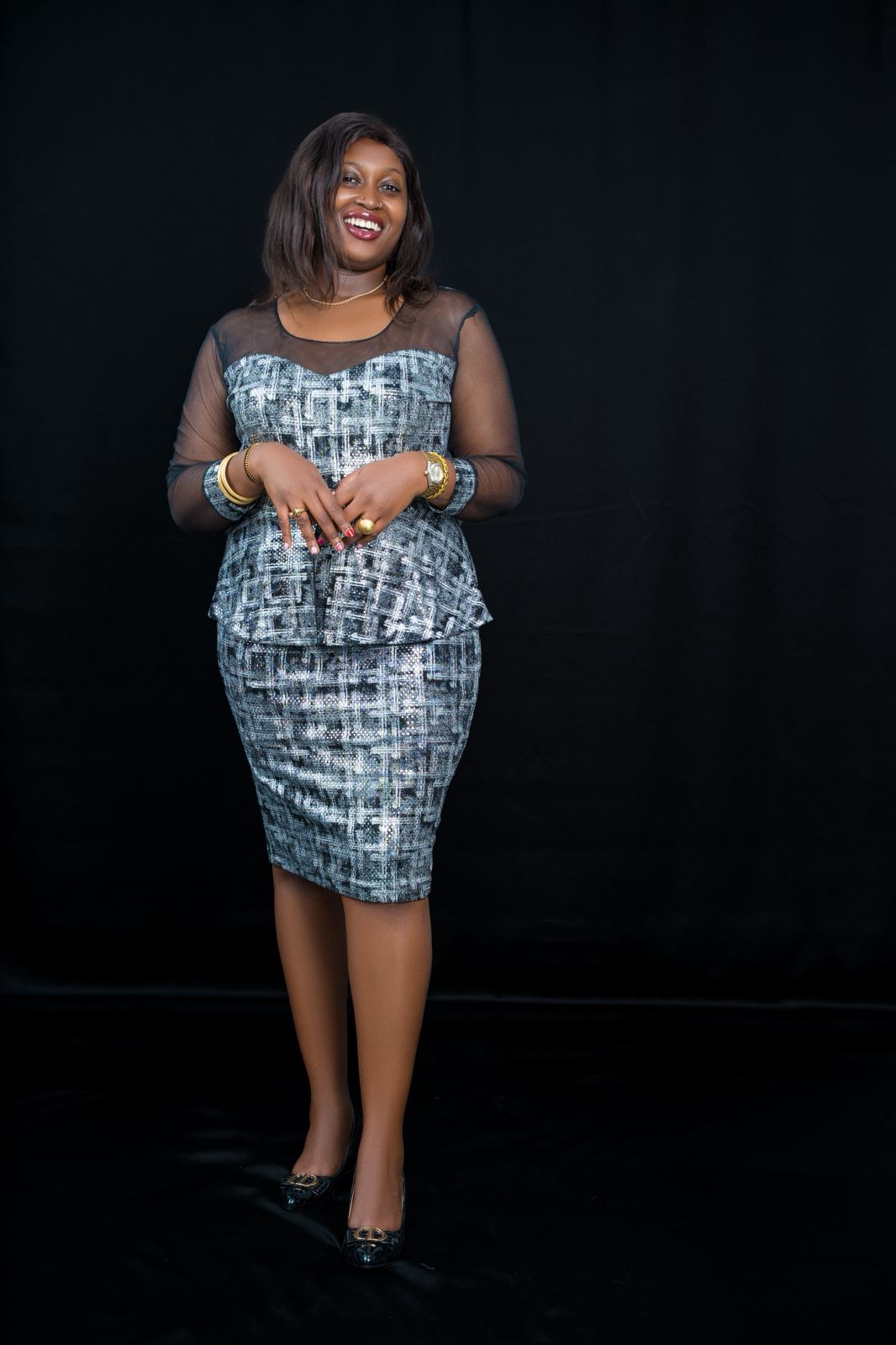 Radiant Silver Peplum Dress with Sheer Sleeves