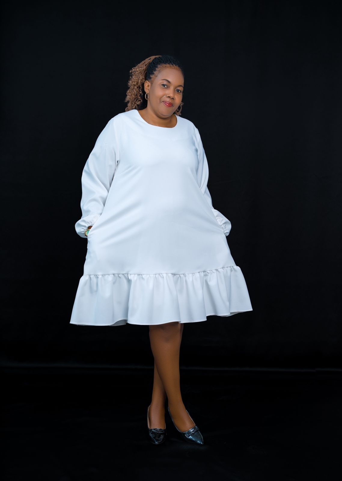 Graceful White Flared Dress with Ruffle Hem