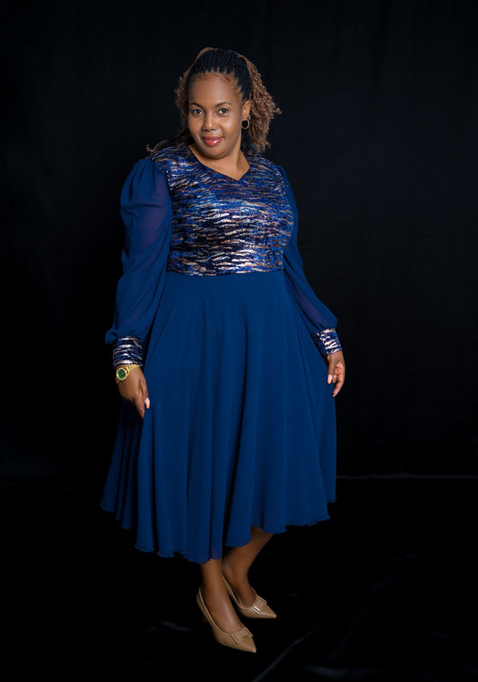 Elegant Navy Blue Dress with Metallic Brocade Bodice & Chiffon Sleeves