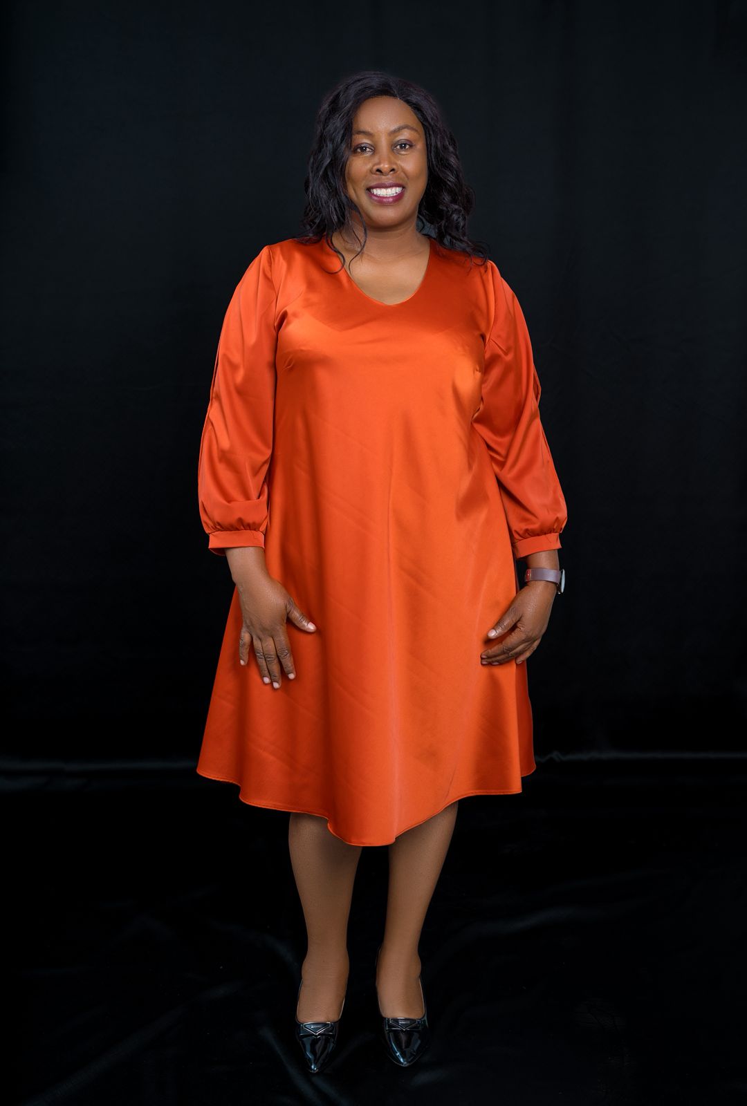 Bright Orange A-Line Dress with Long Puff Sleeves