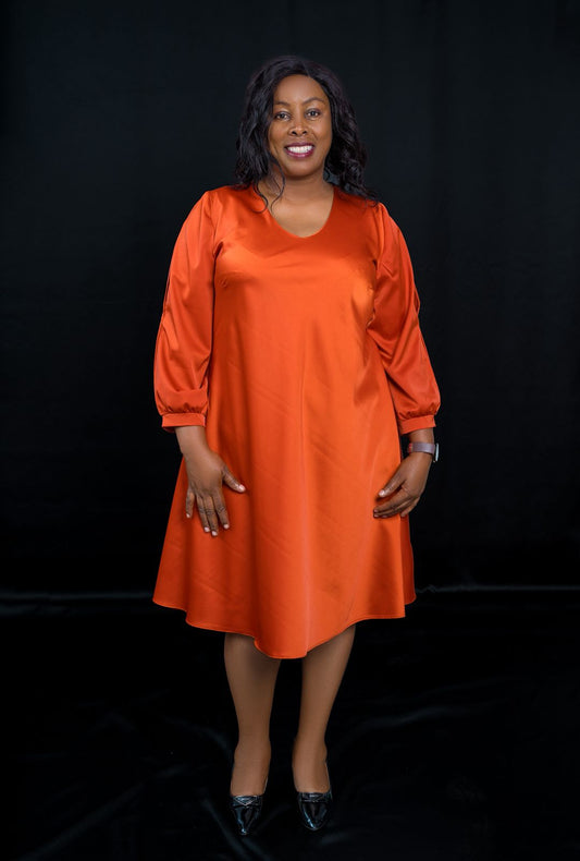 Bright Orange A-Line Dress with Long Puff Sleeves