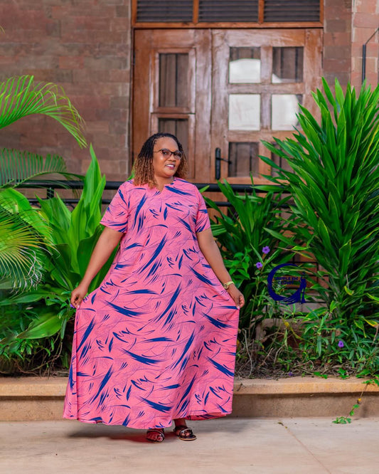 Chic Pink Maxi Dress with Navy Abstract Prints & Short Sleeves