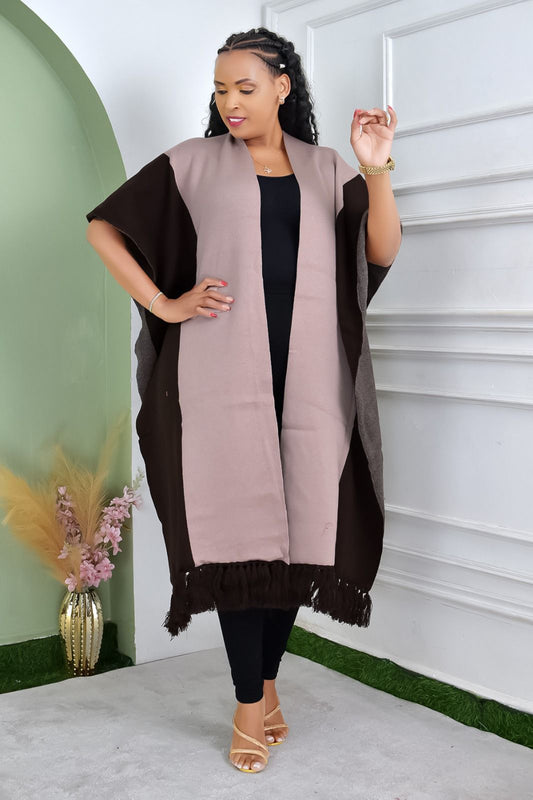 Mauve & Brown Open-Front Poncho with Tassel Hem