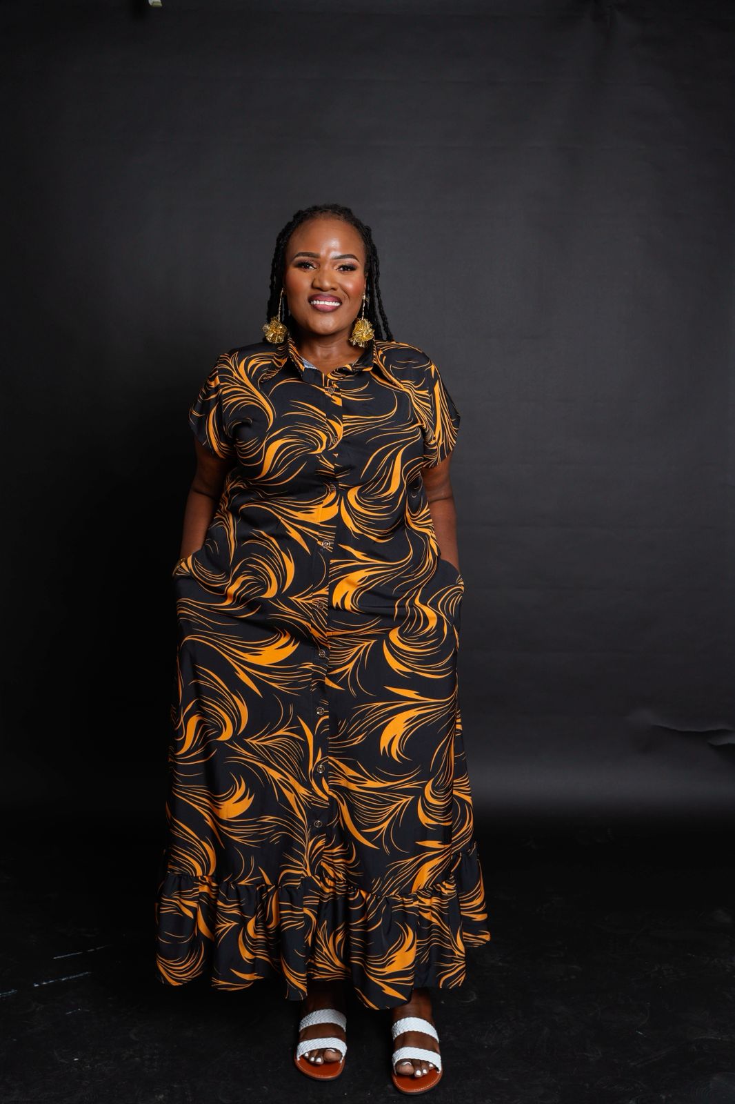 Stylish Black Maxi Shirt Dress with Orange Swirl Prints, Collar, Button-Down Front & Ruffled Hem