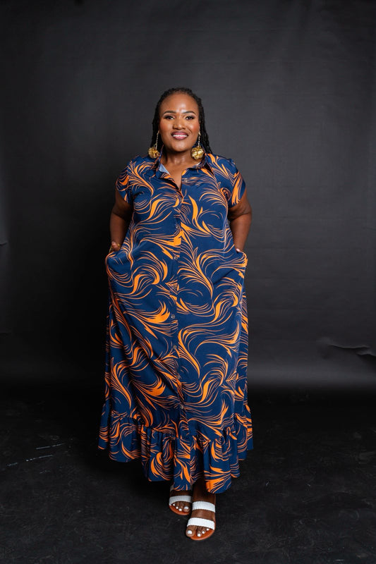 Elegant Navy Blue Maxi Dress with Orange Swirl Prints, Collar, Front Buttons & Ruffled Hem