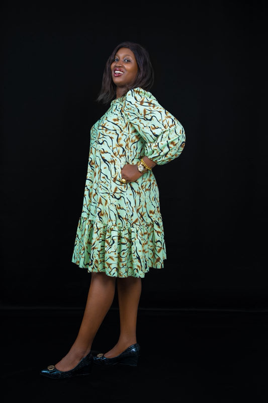 Green Ruffle Dress with Long Sleeves & Brown and Black Abstract Prints