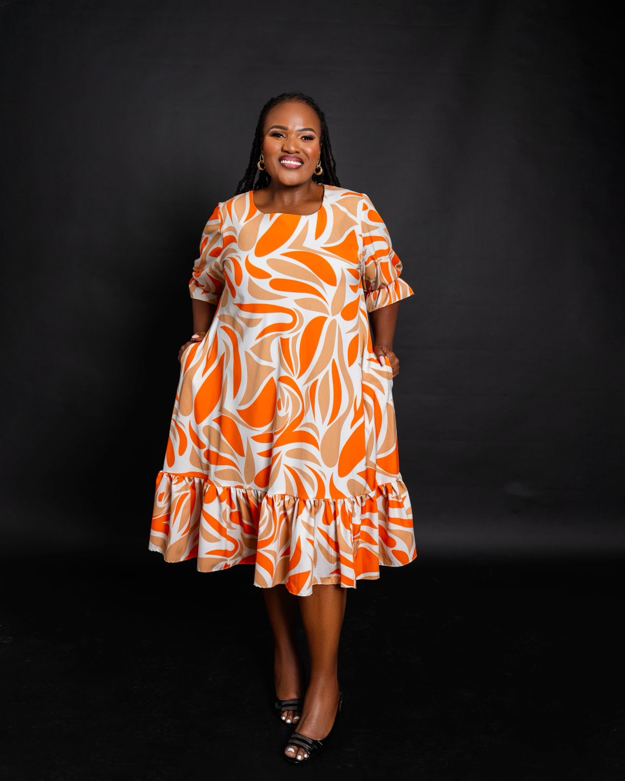 Bright Orange & Beige Printed Short Dress with Half Sleeves & Ruffled Hem