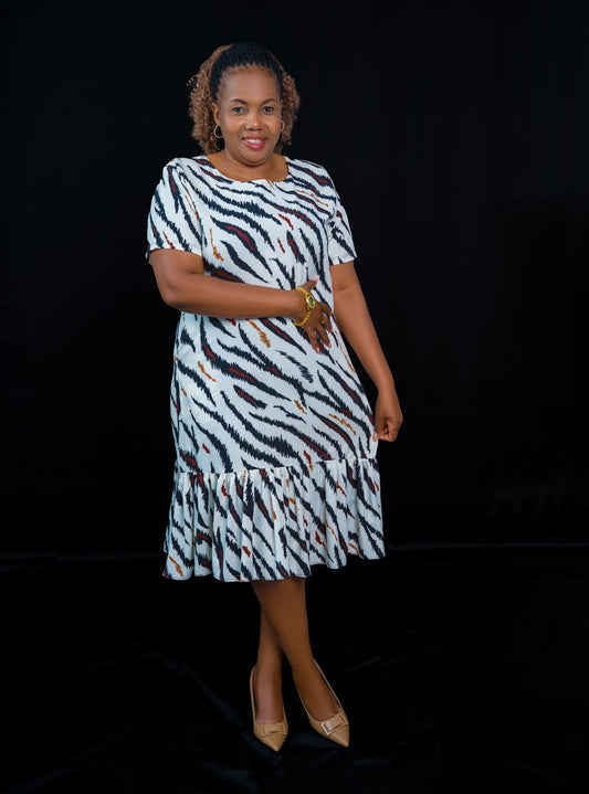 Stylish Zebra-Print Short-Sleeve Dress with Ruffled Hem