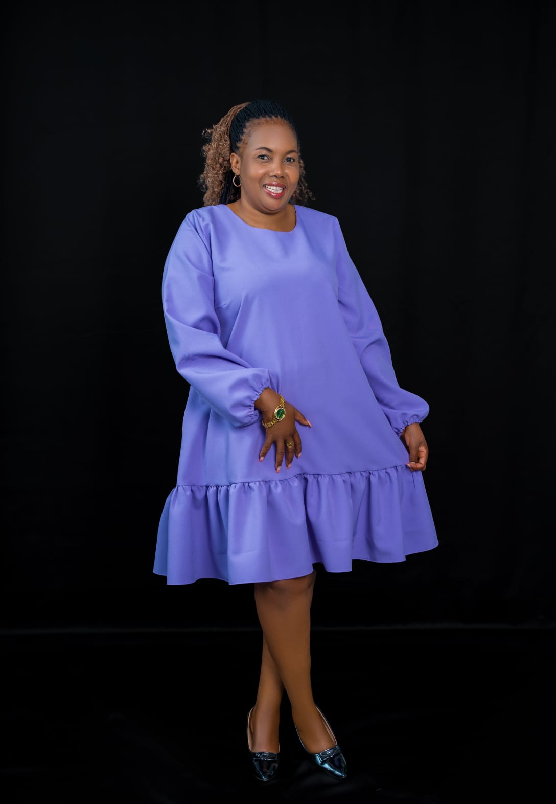 Purple Ruffle Dress with Long Sleeves & Flowy Hem