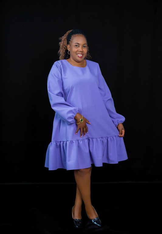 Purple Ruffle Dress with Long Sleeves & Flowy Hem