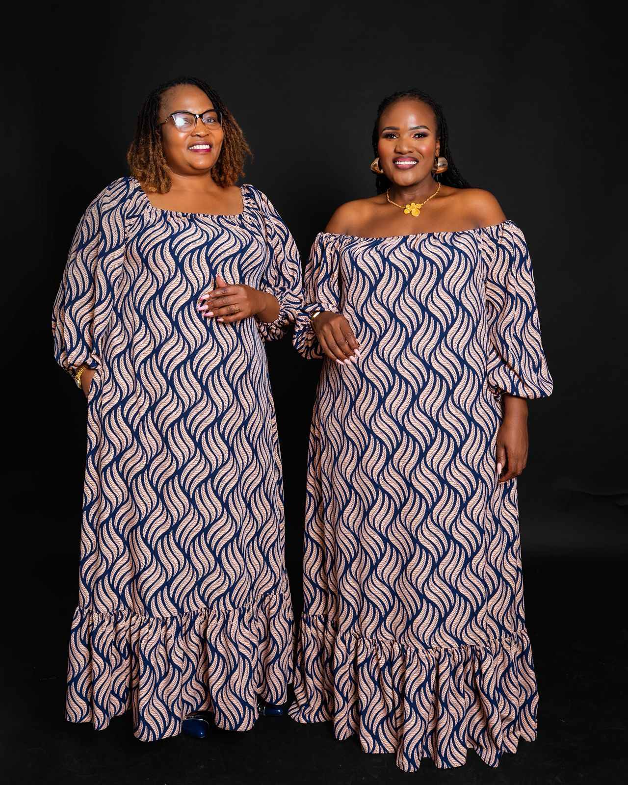 Elegant Navy Blue & Beige Maxi Dresses with Wavy Print, Ruffled Hem & Puff Sleeves