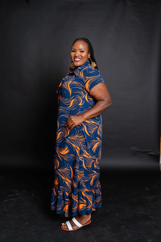 Elegant Navy Blue Maxi Dress with Orange Swirl Prints, Collar, Front Buttons & Ruffled Hem