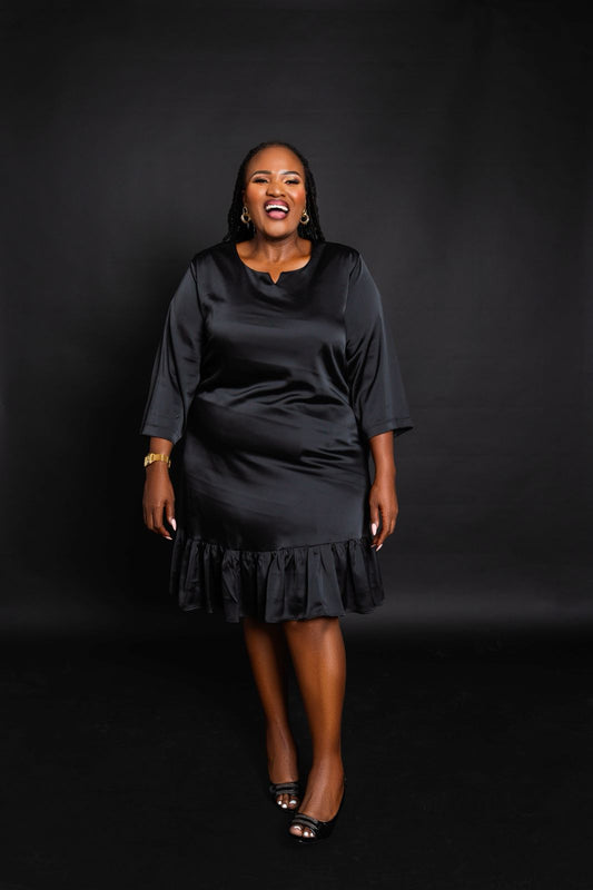 Elegant Black Satin Short Dress with Three-Quarter Sleeves & Ruffled Hem