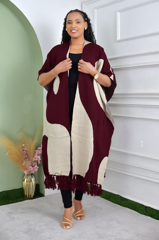 Maroon & Cream Patterned Poncho with Tassel Hem