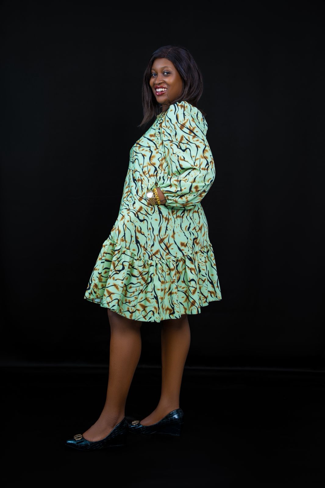 Green Ruffle Dress with Long Sleeves & Brown and Black Abstract Prints