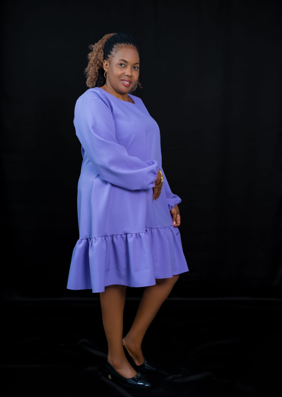 Purple Ruffle Dress with Long Sleeves & Flowy Hem