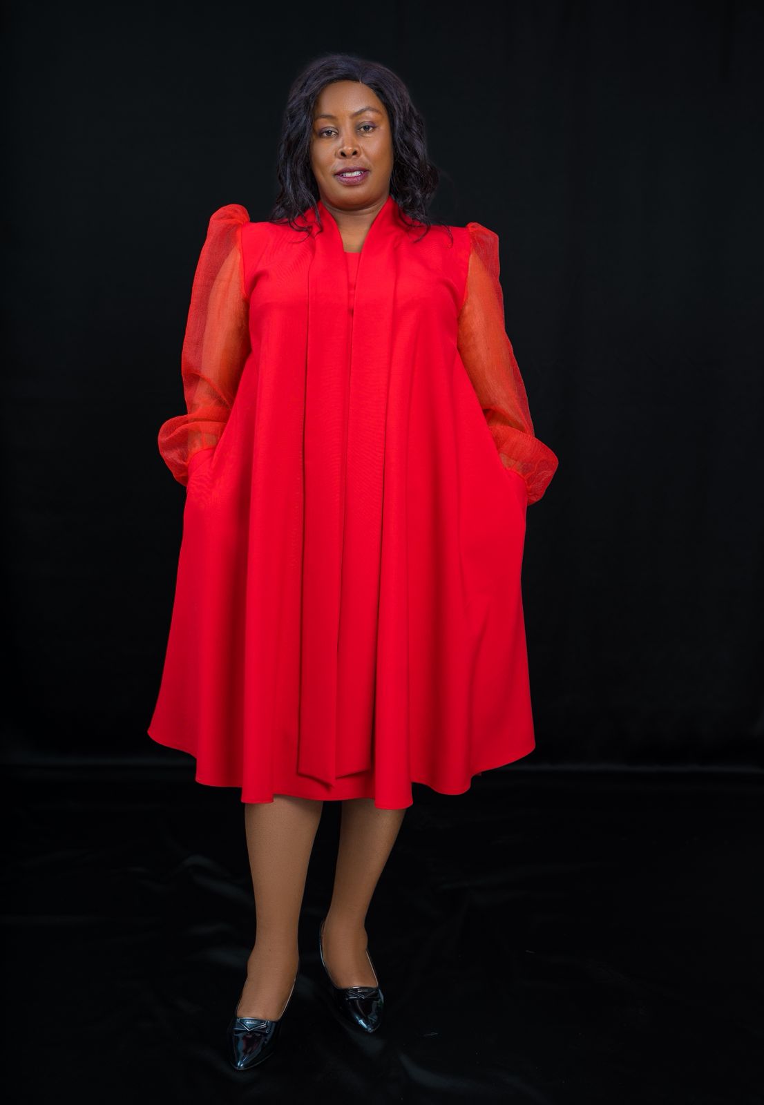 Elegant A-Line Red Dress with Sheer Sleeves & Side Pockets