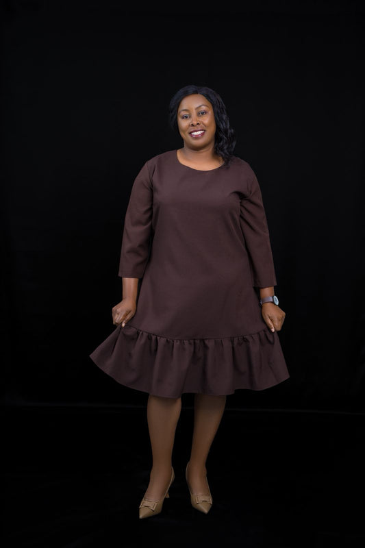 Elegant Brown Dress with Ruffle Hem & 3/4 Sleeves