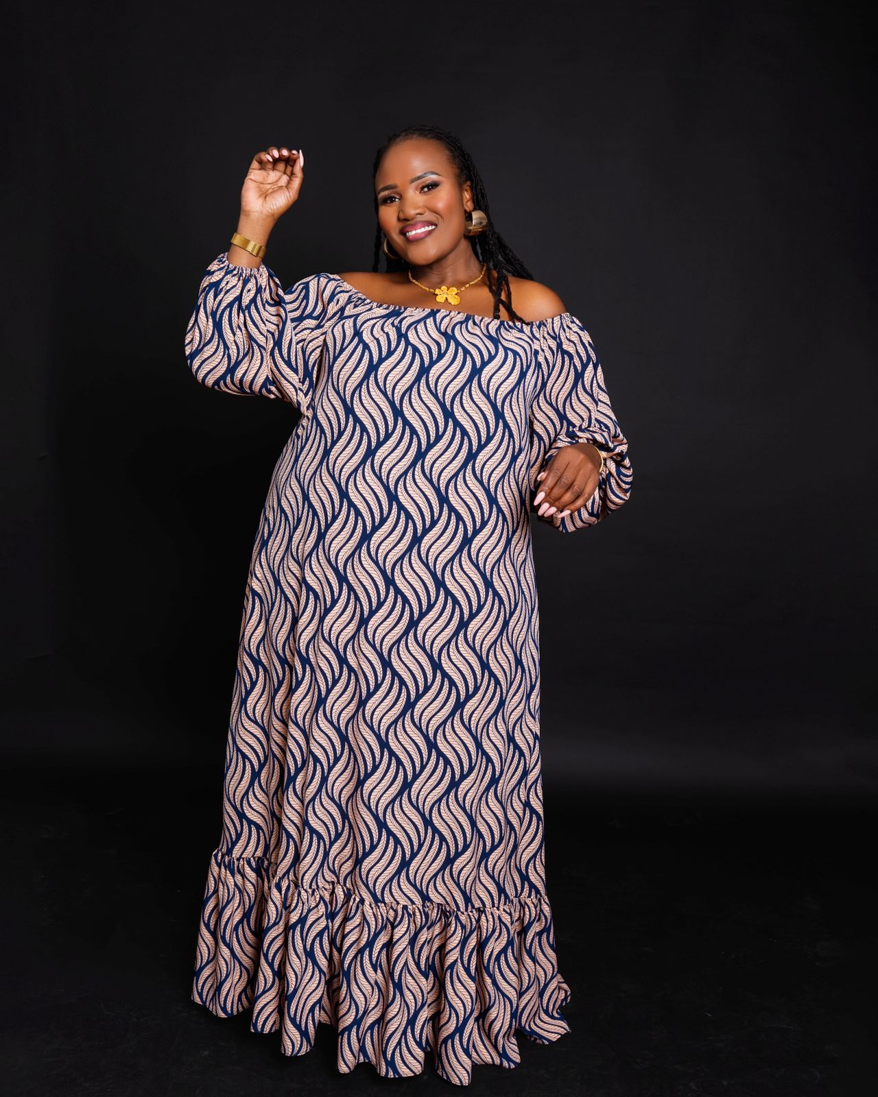 Elegant Navy Blue & Beige Maxi Dresses with Wavy Print, Ruffled Hem & Puff Sleeves