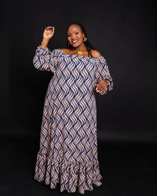 Elegant Navy Blue & Beige Maxi Dresses with Wavy Print, Ruffled Hem & Puff Sleeves