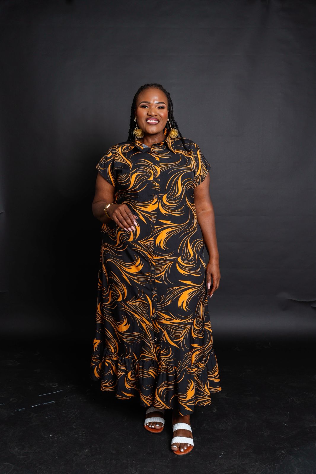 Stylish Black Maxi Shirt Dress with Orange Swirl Prints, Collar, Button-Down Front & Ruffled Hem