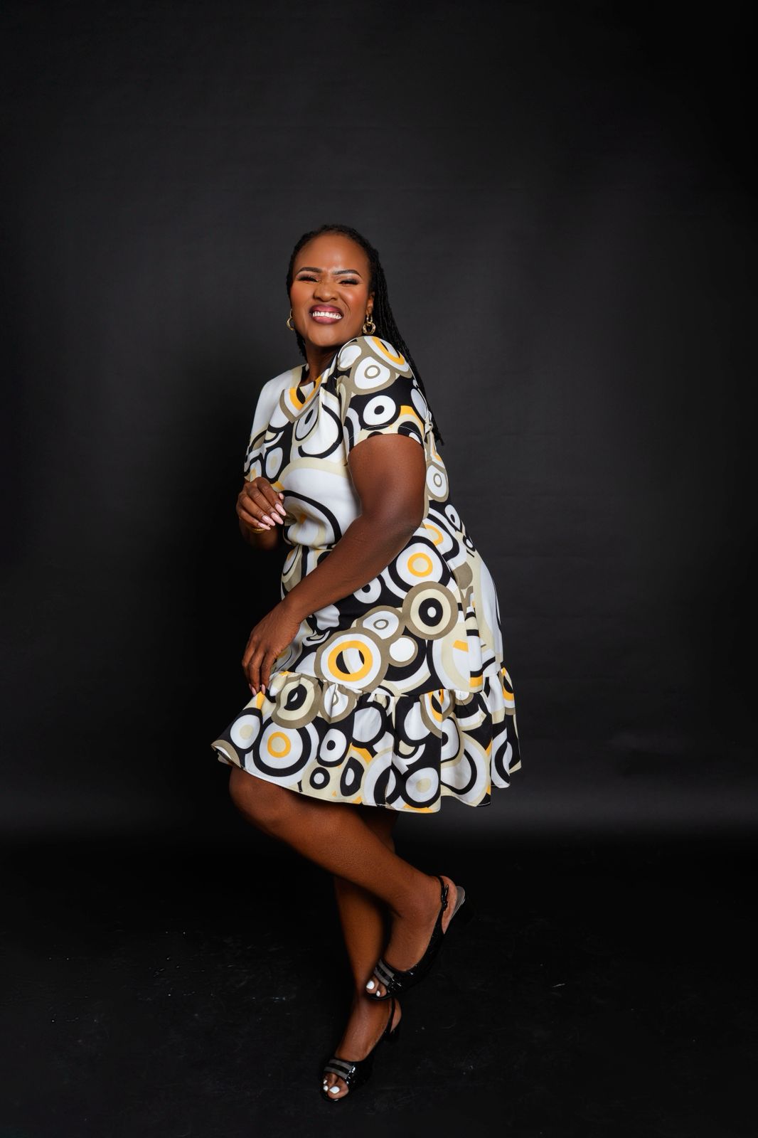 Trendy Short Dress with Black, White & Mustard