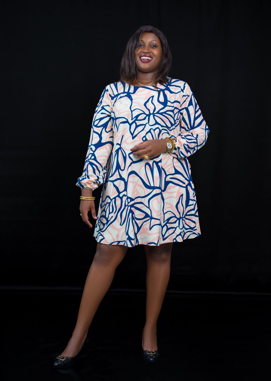 Peach Floral A-Line Dress with Long Sleeves & Navy Blue Print