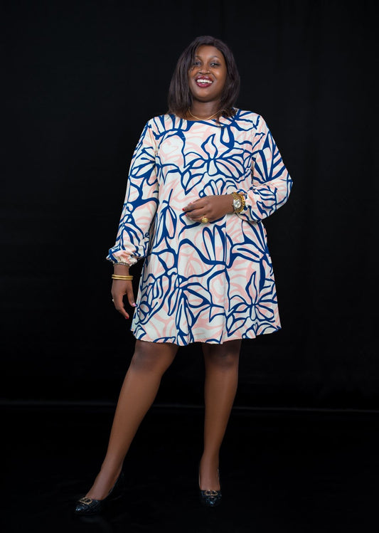 Peach Floral A-Line Dress with Long Sleeves & Navy Blue Print