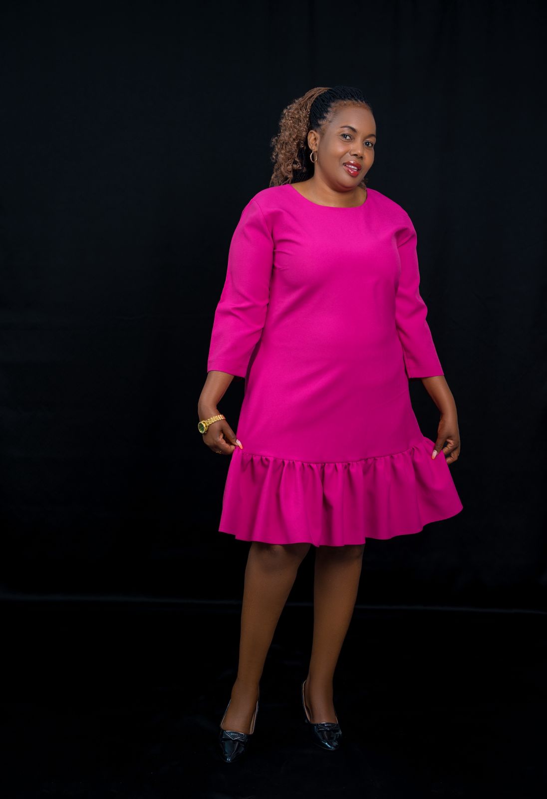 Charming Hot-Pink Dress with Ruffle Hem & 3/4 Sleeves