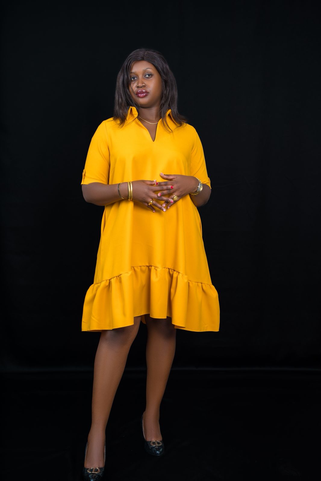 Radiant Mustard-Yellow Flared Dress with Ruffle Hem