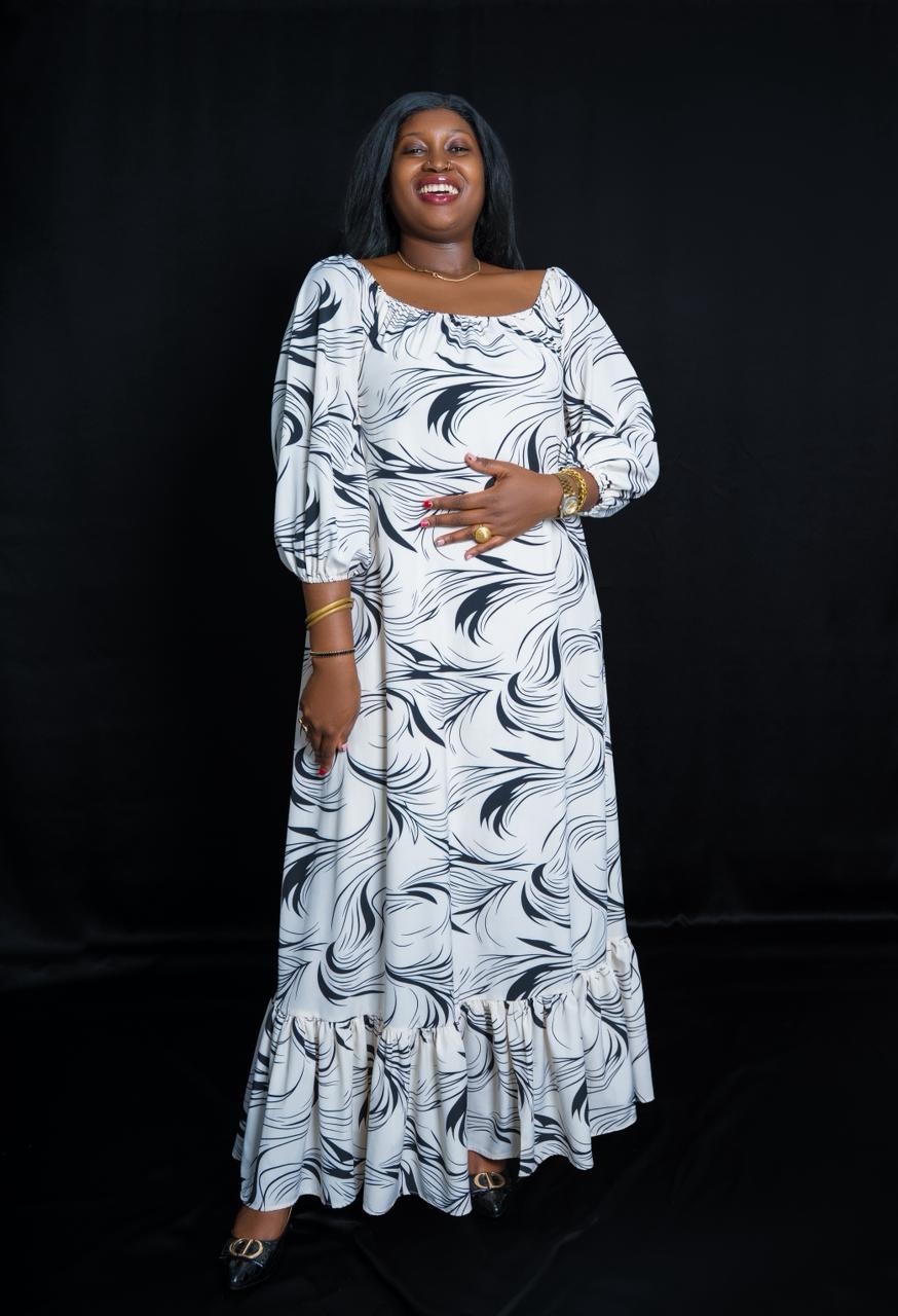 Stylish Black & White Printed Maxi Dress with Puff Sleeves & Ruffled Hem