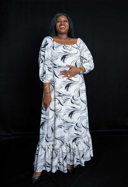 Stylish Black & White Printed Maxi Dress with Puff Sleeves & Ruffled Hem