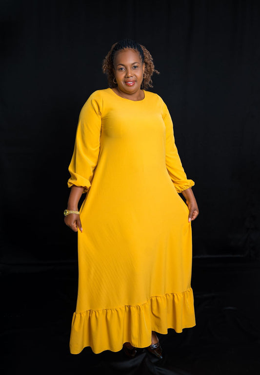 Mustard Yellow Maxi Dress with Long Sleeves & Ruffled Hem