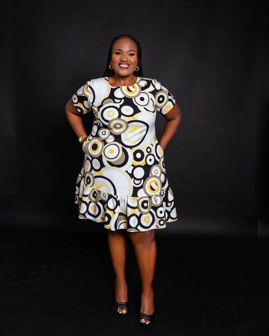 Trendy Short Dress with Black, White & Mustard