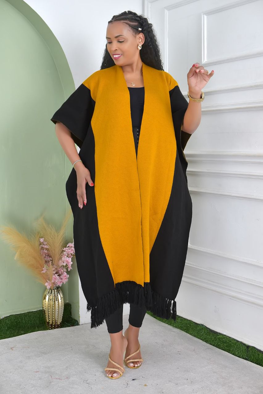 Mustard & Black Patterned Poncho with Tassel Hem