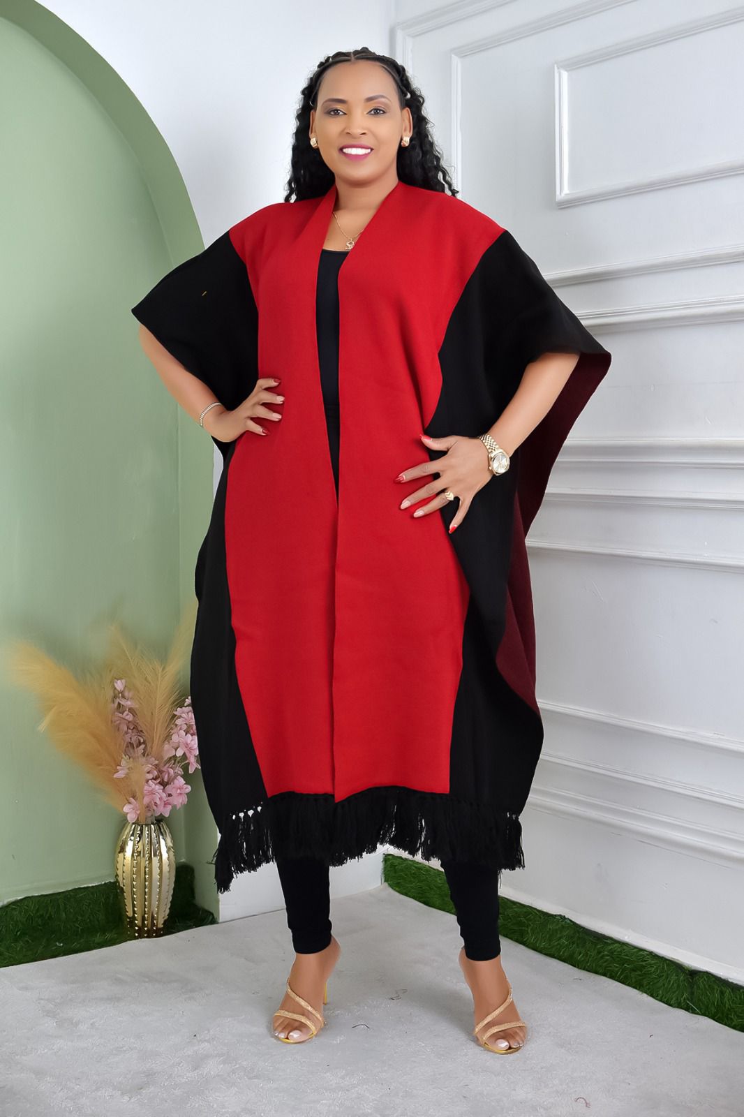 Red & Black Open-Front Poncho with Tassel Hem