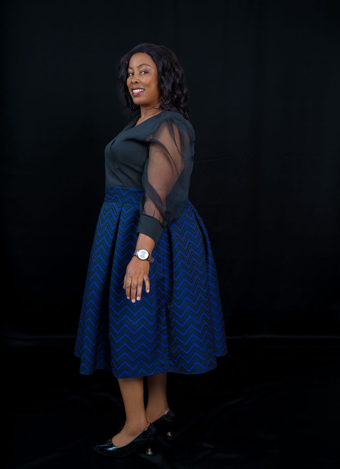 Elegant Black & Blue Dress with Sheer Top & Flared Zigzag Skirt