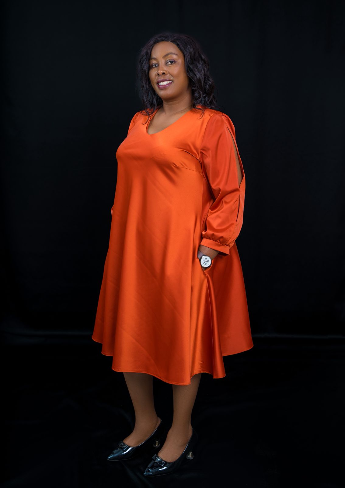 Bright Orange A-Line Dress with Long Puff Sleeves